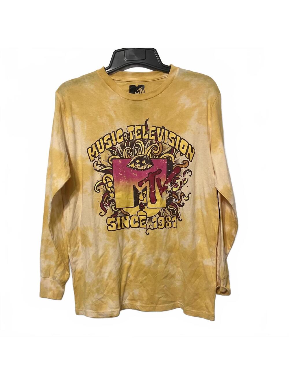 MTV Music Television 1980's Tie-Dye Yellow Graphic Women's T-Shirt Medium New